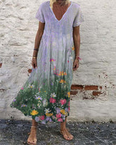 Casual Vintage Print Loose V-Neck Short Sleeve Maxi Dress